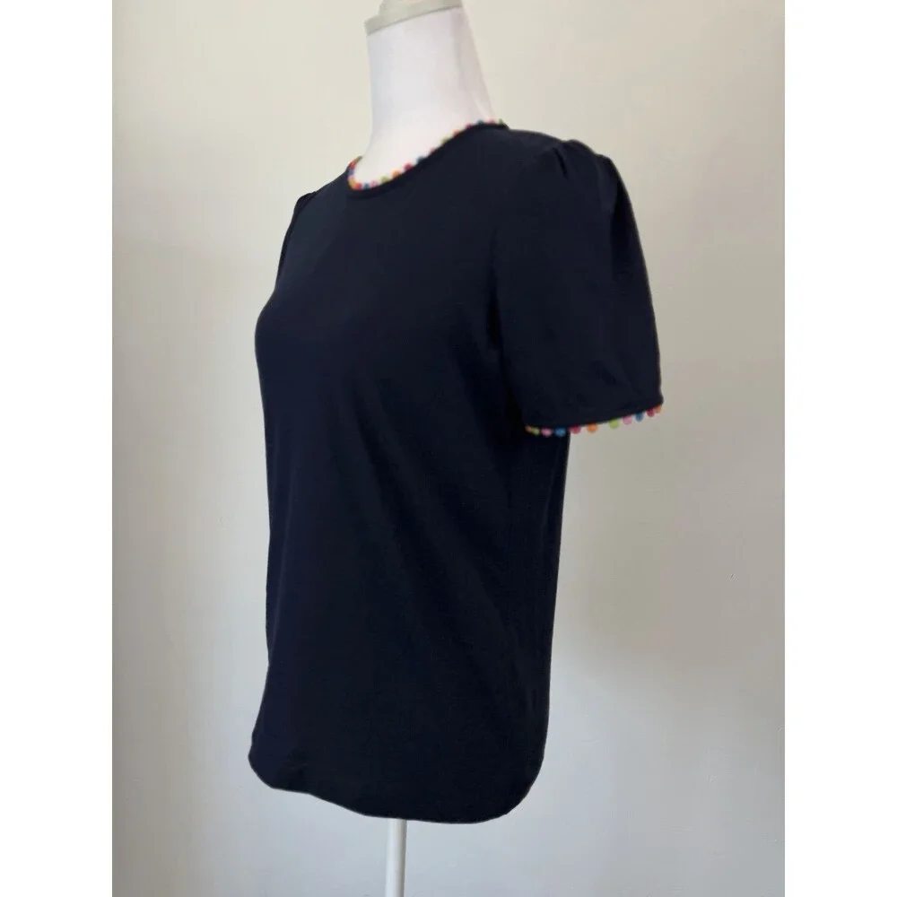 Boden Womens Size 2 Navy Pom Pom Trim Puff Sleeve T Shirt Top Colorful Casual